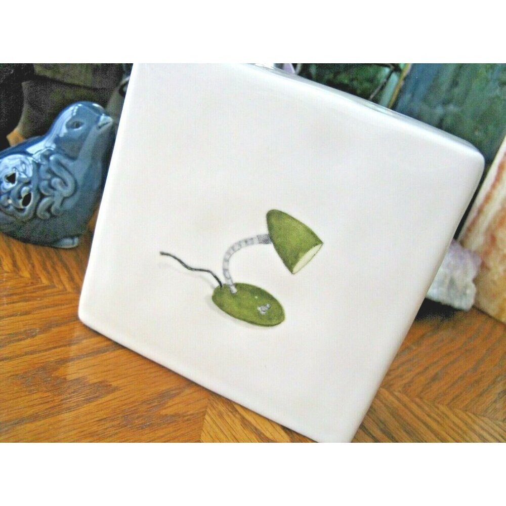 New Rae Dunn Vintage Style Green Desk Lamp Office Block Ceramic Paperweight - 4"